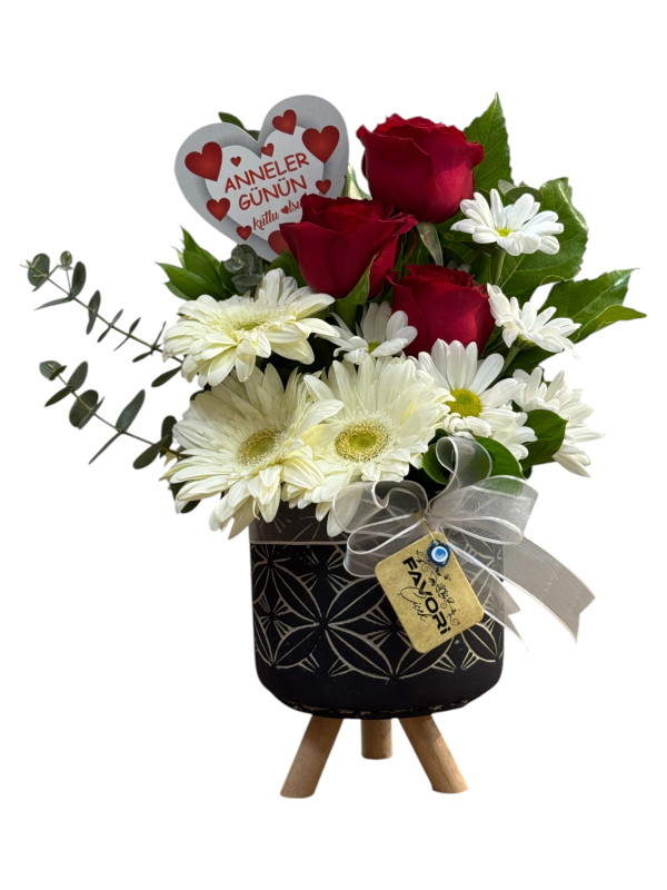 Dekoratif Saksıda Gül ve Papatya Aranjmanı