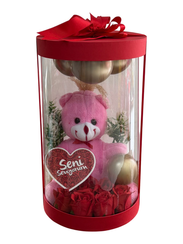 Asetatlı Şeffaf Silindir Kutuda Pembe Ayıcık