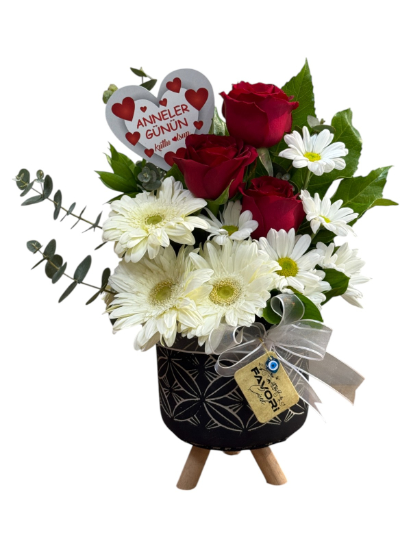 Dekoratif Saksıda Gül ve Papatya Aranjmanı