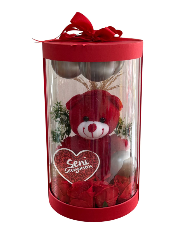 Gümüş Balonlu Ayıcıklı Şeffaf Kutu