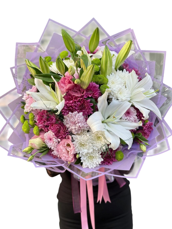 Kasımpatı ve Beyaz Lilyum Buketi