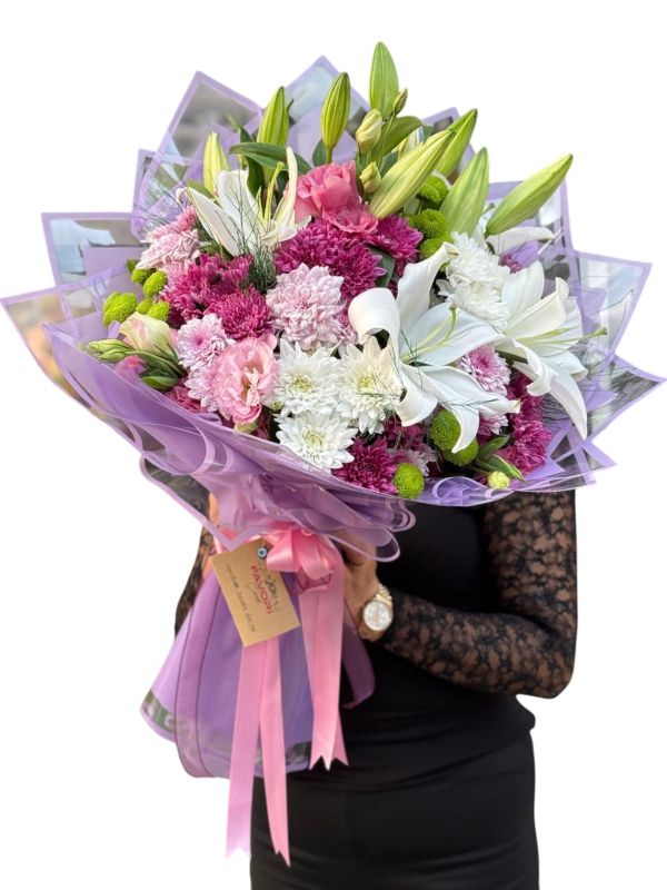 Kasımpatı ve Beyaz Lilyum Buketi