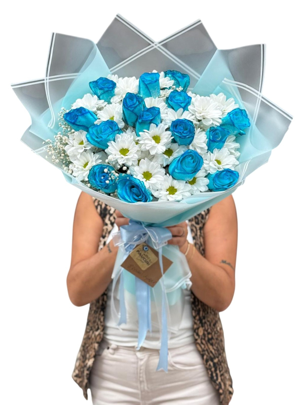 Mavi Gül & Beyaz Papatya Buketi