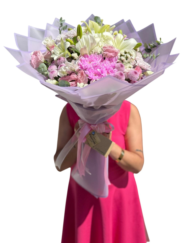 Pembe Krizantem&Beyaz Lilyum Buketi