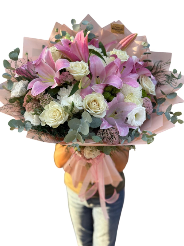 Pembe Lilyum&Beyaz Gül Buketi