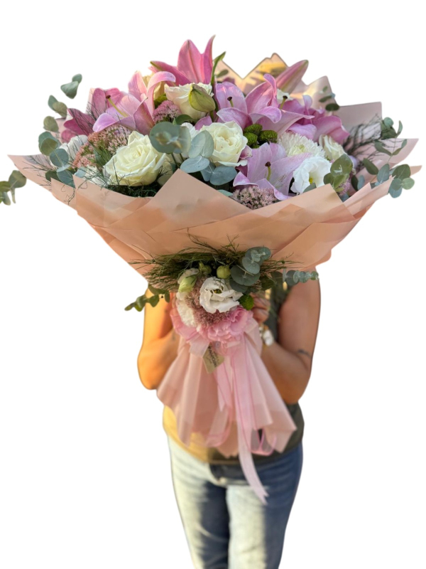Pembe Lilyum&Beyaz Gül Buketi