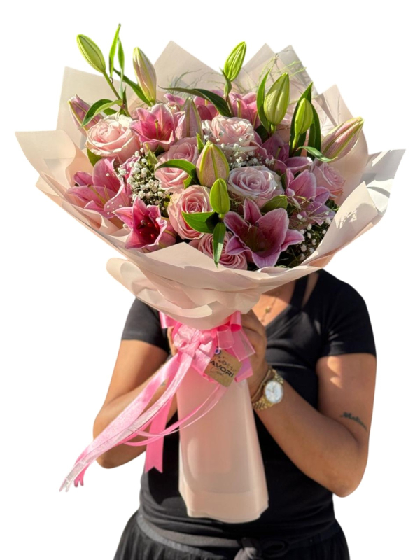 Pembe Lilyum & Pembe Gül Aşk Buketi