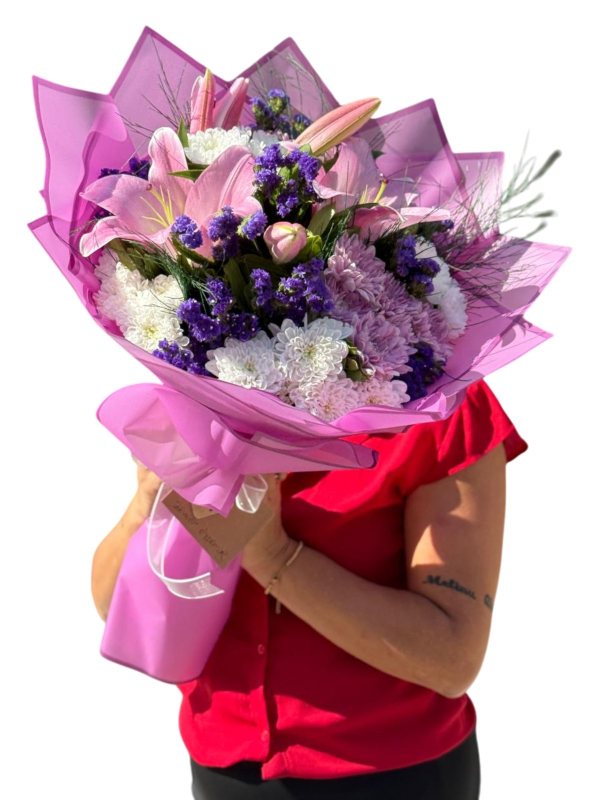 Pembe Zambaklarla Mor Zarafet Buketi