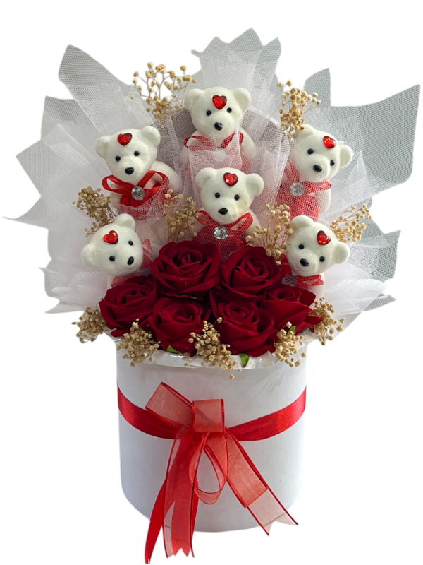 Kutuda Yapay Gül ve Ayıcık Aranjmanı