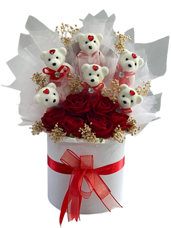 Kutuda Yapay Gül ve Ayıcık Aranjmanı