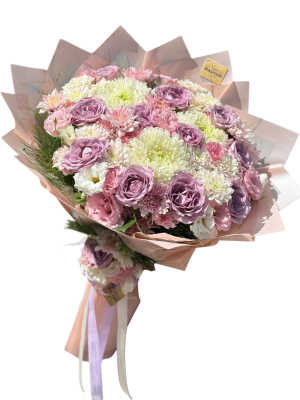 Beyaz Krizantem & Lila Gül Buketi