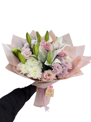 Beyaz Lilyum ve Pembe Kasımpatı Buketi