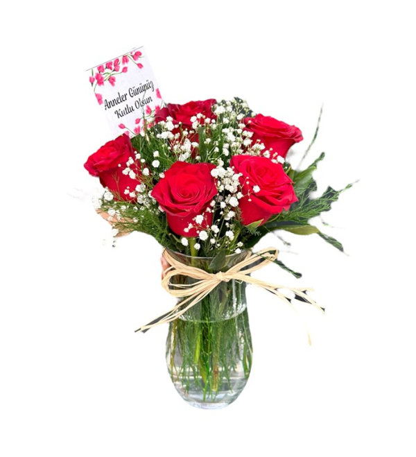 Vazoda 5 Kırmızı Gül ve Cipso